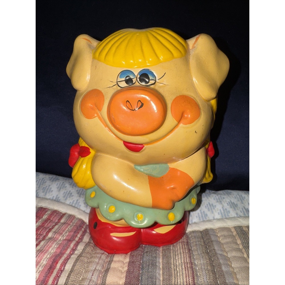 Vintage 1980s Enesco Ceramic Piggy Bank Green Dress With Stopper Hand Painted